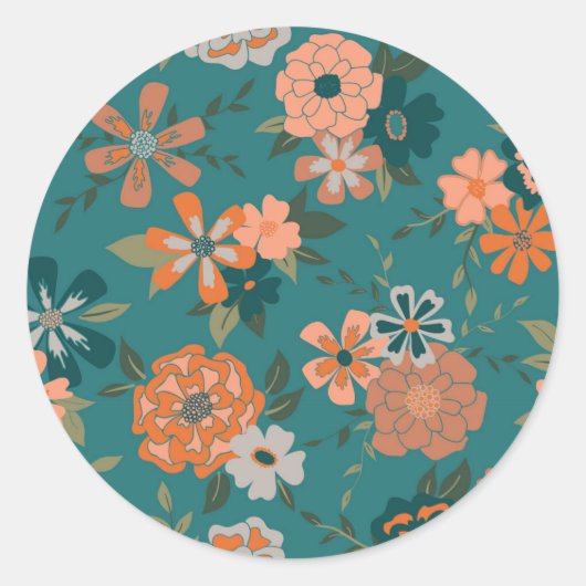 Sticker Rond Vins Et Fleurs À Motif Orange Turquoise (Devant)