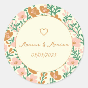 Sticker Rond Vins fleurs sauvages Rose Vert Élégant Mariage Per