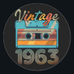 Sticker Rond Vintage 1963 Cassette Tape Retro 60th Birthday 60<br><div class="desc">Awesome tee Ideas People who born in 1963 Retro Vintage Classic Old School 60th Awesome tee Ideas for Men Women. 60 years old awesome vintage birthday. Complete happy birthday decorations .Your birthday party will be funny, awesome, epic & legendary. If u grew up in the seventies, eighties, or nineties you...</div>