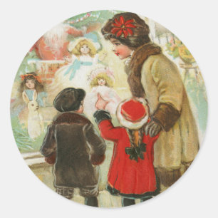 Sticker Rond Vintage A Joyeux Noël Famille Mère et Enfant