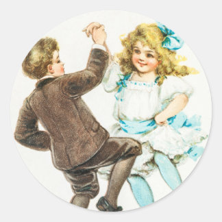 Sticker Rond Vintage A Joyeux Noël Garçon et Fille Danse