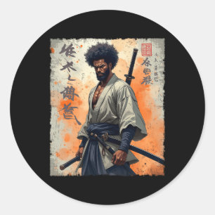 Sticker Rond Vintage Africain Samurai Afro Américain Bushido Wa