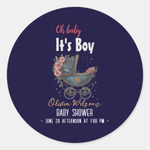 Sticker Rond Vintage aquarelle pram c'est le baby shower garçon