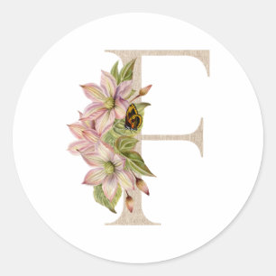 Sticker Rond Vintage Beige Floral Monogramme Lettre initiale F