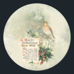 Sticker Rond Vintage Bird, Holly & Happy Christmas Scroll<br><div class="desc">Charmante carte de voeux vintage illustrée d'un parchemin antique avec un verset de Noël heureux avec saint,  oiseau et homestead au loin avec arrière - plan tourbillonnant vert sauge clair.</div>