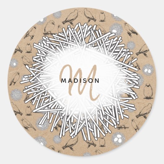 Sticker Rond Vintage Birds & Nid Rustic Kraft Brown (Devant)