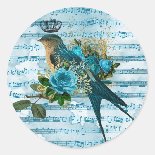 Sticker Rond Vintage Bleu Chanson Bird sur Partition (Devant)