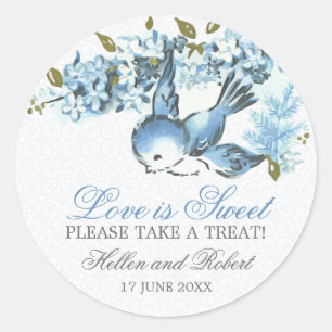 Sticker Rond Vintage Bleu Oiseaux Mariage d'hiver Traiter Favor