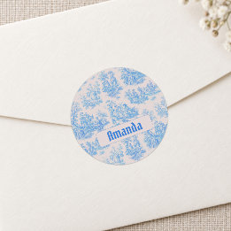 Sticker Rond Vintage Bleu Turquoise Toile Jouy Floral Monogramm
