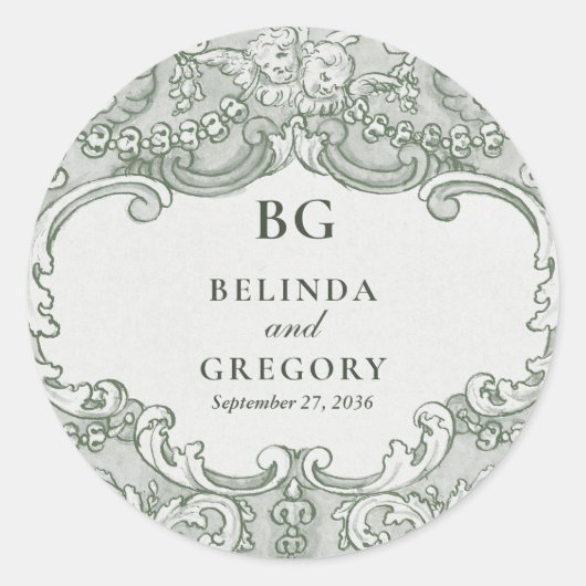 Sticker Rond Vintage Botanique Vert Jardin Mariage Thème (Devant)