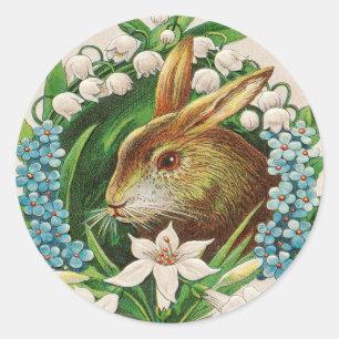 Sticker Rond Vintage Bunny Floral Wreath Salutations de Pâques
