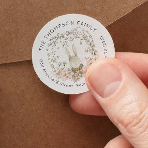 Sticker Rond Vintage Bunny Greenery Floral Nom de retour Adress