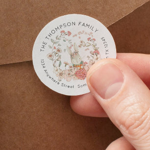 Sticker Rond Vintage Bunny Pink Floral Nom de retour Adresse