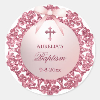 Sticker Rond Vintage cadre de Parties scintillant rose Bow Bapt