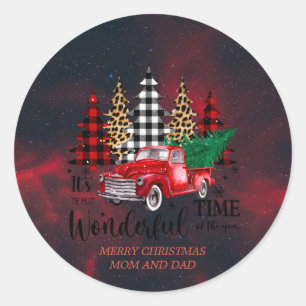 Sticker Rond Vintage Camion Rouge Joyeux Noël Classic Round St