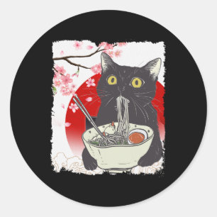 Sticker Rond Vintage chat manger Ramen amusant Japonais canne n