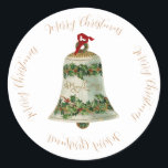 Sticker Rond Vintage Christmas Holly Bell & voeux de Noël<br><div class="desc">Cloche de Noël vintage avec baies sainte et rouge avec voeux de Noël joyeux. Art de Noël avec voeux de Noël.</div>