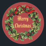 Sticker Rond Vintage Christmas Holly Wreath avec ruban rouge V1<br><div class="desc">Cette Serre de Noël Vintage Holly avec Ruban Rouge fait un doux ajout à vos cartes de fin de année et cadeaux de Noël.</div>