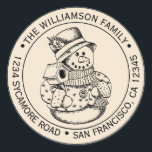 Sticker Rond Vintage Christmas SnowMan Ivory Retour Adresse<br><div class="desc">sticker d'adresse de retour de la famille de Noël avec votre nom et adresse dans la typographie stylisée avec un joli bonhomme de neige de Noël dessiné à la main sur un arrière - plan en ivoire. Ajoutez simplement votre nom et votre adresse. Conçu exclusivement pour vous par Happy Dolphin...</div>