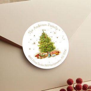 Sticker Rond Vintage Christmas Tree Gold Adresse de retour