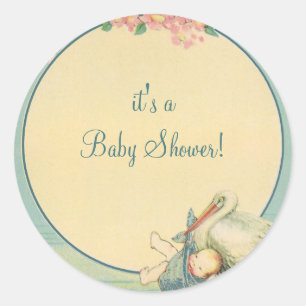 Sticker Rond Vintage cigogne portant bébé garçon dans une couve