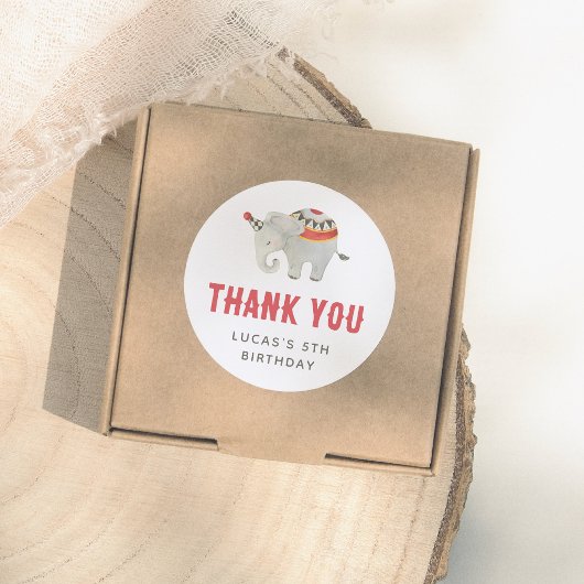 Sticker Rond Vintage Circus Elephant Boy Birthday Thank You