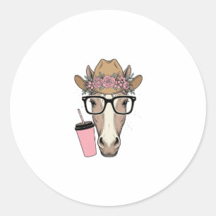 Sticker Rond Vintage Cowgirl Cheval Avec Fleurs et Boisson Rose