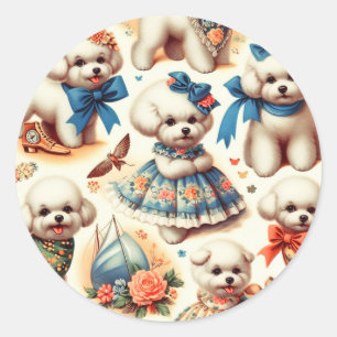 Sticker Rond Vintage Cute Bichon Frisé Peinture