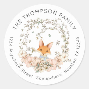 Sticker Rond Vintage Cute Fox Feuilles Floral Nom de retour Adr