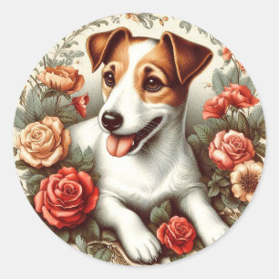 Sticker Rond Vintage Cute Jack Russell Terrier Floral