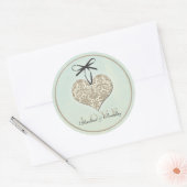 Sticker Rond Vintage Damask Heart Mint Mariage personnalisé (Enveloppe)