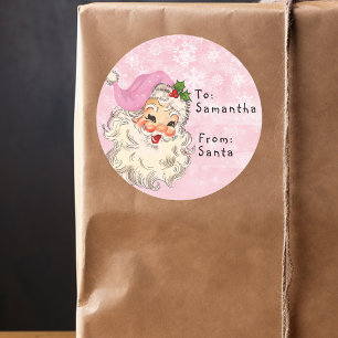 Sticker Rond Vintage de Père Noël à Cadeau de Noël rose