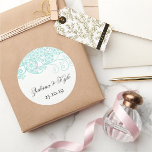 Sticker Rond Vintage Elegant Boho Aqua Floral Paisley Mariage