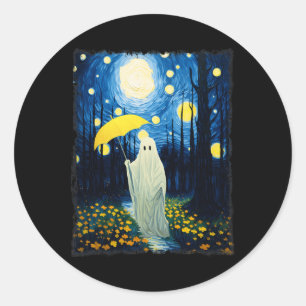 Sticker Rond Vintage Fantôme D'Halloween Dans La Forêt Van Gogh