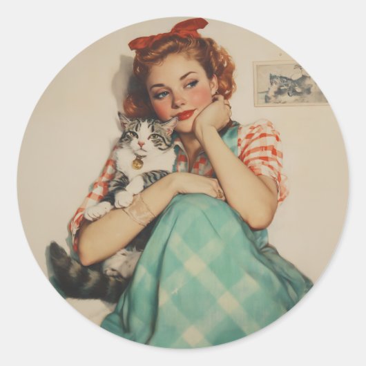 Sticker Rond Vintage fille avec chat (Devant)