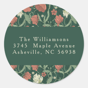 Sticker Rond Vintage Floral Noël Vert Rouge Adresse de Retour