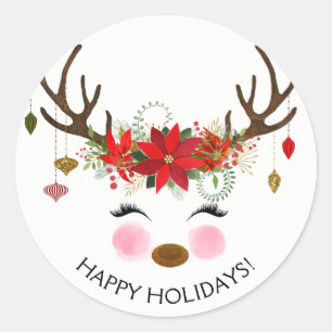 Sticker Rond Vintage Floral Reindeer Fête Fête Favoriser