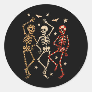 Sticker Rond Vintage Funny Halloween Dancing Skeletons Éffrayan
