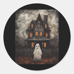Sticker Rond Vintage Ghost Haunted House Midnight Halloween Gho
