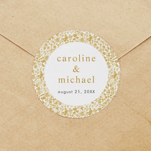 Sticker Rond Vintage Golden Ditzy Floral Mariage