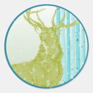 Sticker Rond Vintage Green Buck Deer Aqua Birch Tree Snowflake