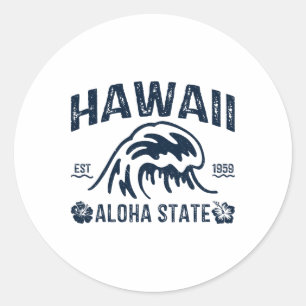 Sticker Rond Vintage Hawaï État Aloha Vague Surf Plage Hawaïen