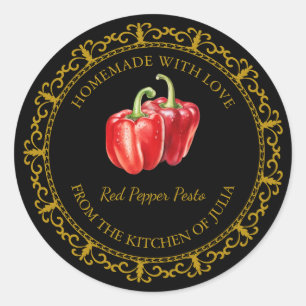 Sticker Rond Vintage Homemade Poivre Rouge Pesto Label l Noir