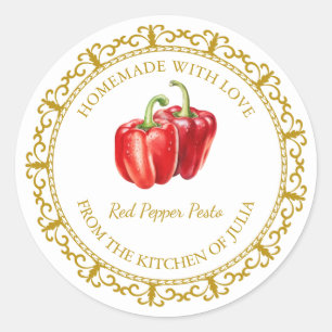 Sticker Rond Vintage Homemade Rouge Poivre Pesto Label l Blanc
