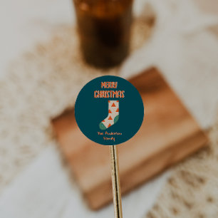 Sticker Rond Vintage Illustré Stocking Joyeux Noël