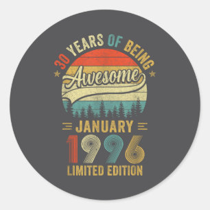 Sticker Rond Vintage janvier 1996 Ancien 30e anniversaire Homme