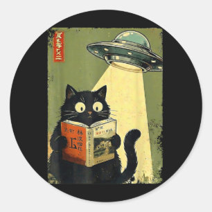 Sticker Rond Vintage Japonais Chat Amoureux des Livres UFO Alie