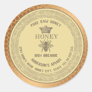 Sticker Rond Vintage jaune doré couronne miel peigne miel pot d