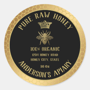 Sticker Rond Vintage jaune doré couronne miel peigne miel pot d