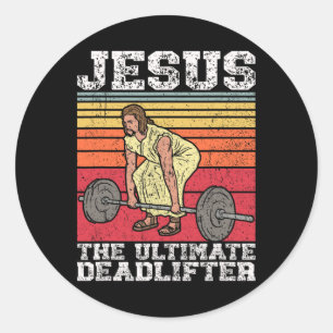 Sticker Rond Vintage Jésus L'Ultime Deadlifter Funny Gym Bo